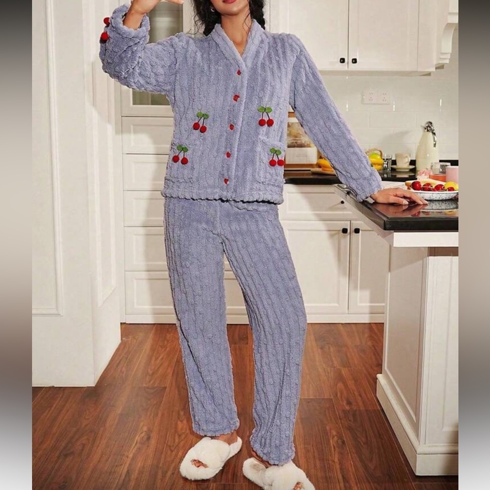Cozy Textured Teddy Button Down Pants Pajamas Set - Picture 2 of 3